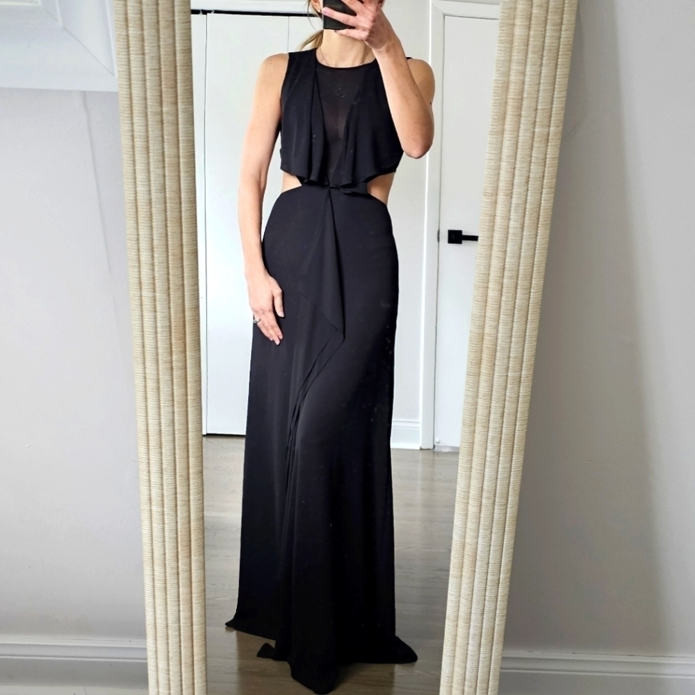 BCBGMAXAZRIA Fiona Black Maxi Tie Back Ruffle Evening Dress Size 2